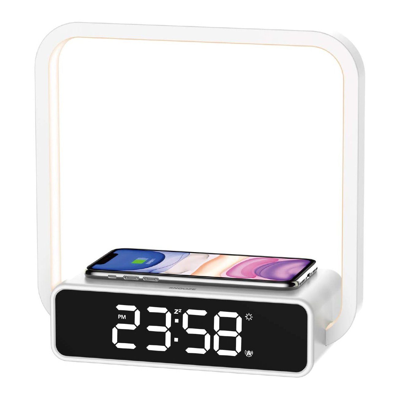 WILIT LED Nachttischlampe Tischleuchte Schlafzimmer Touch Tischlampe mit Ladefunktion Handy, LED fest integriert, Qi Ladefunktion, 3 Helligkeitsstufen, Wecker, Dimmbarer Display