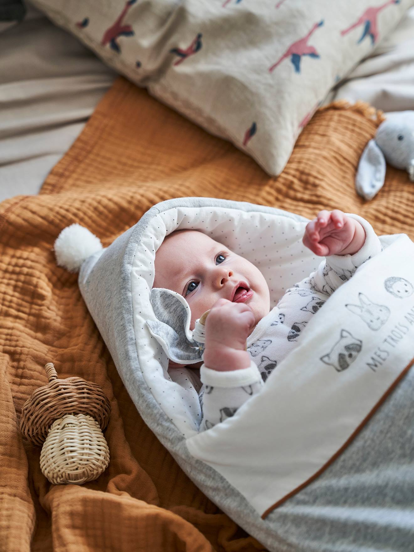 Vertbaudet Baby Ausfahrsack KLEINE FREUNDE, Bio-Baumwolle - hellgrau meliert/wollweiß
