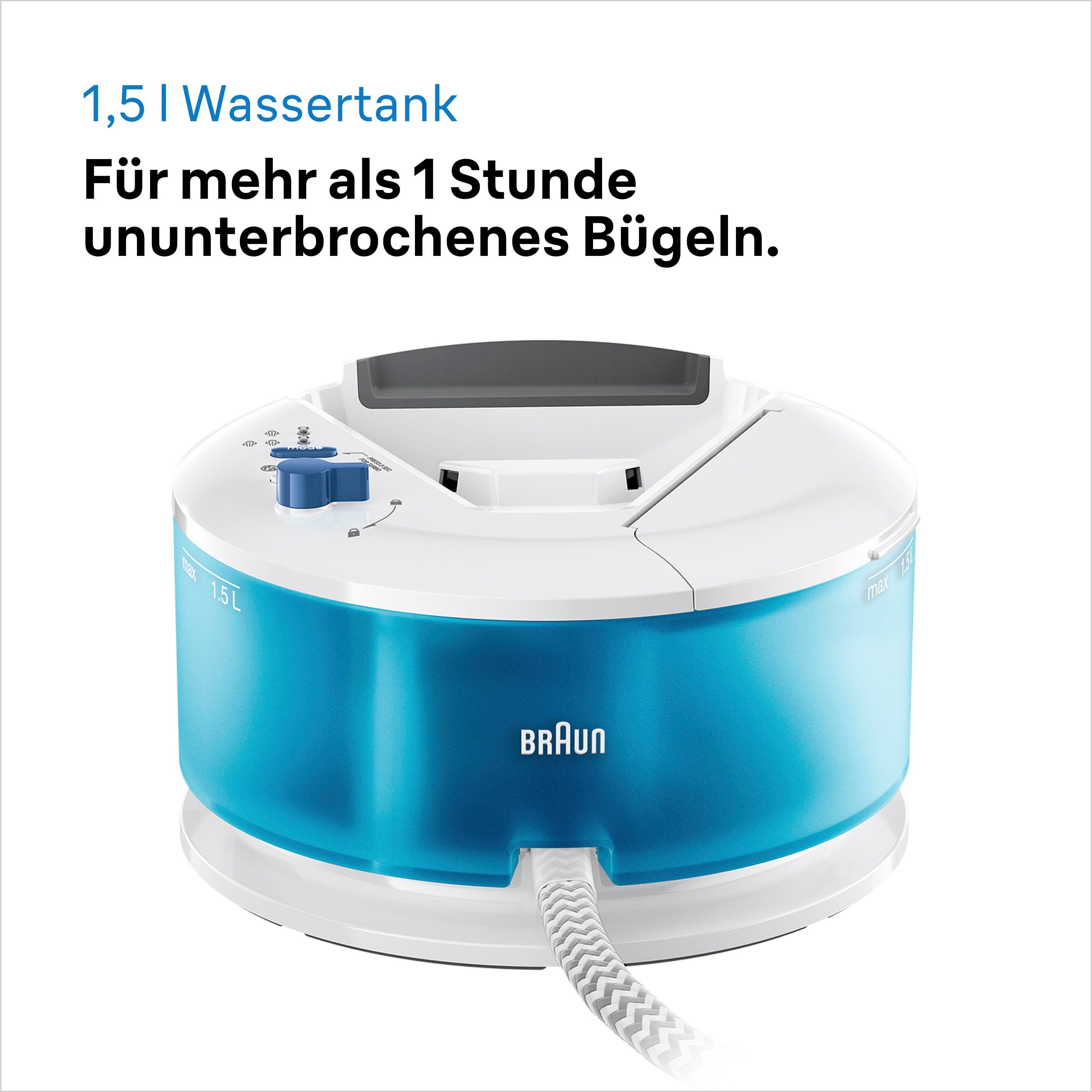 Braun Dampfbügelstation CareStyle Compact IS2143BL, 1500 ml Wassertank, blau, max. Dampfmenge 420g/min, Rückwärtsbügeln über Knöpfe