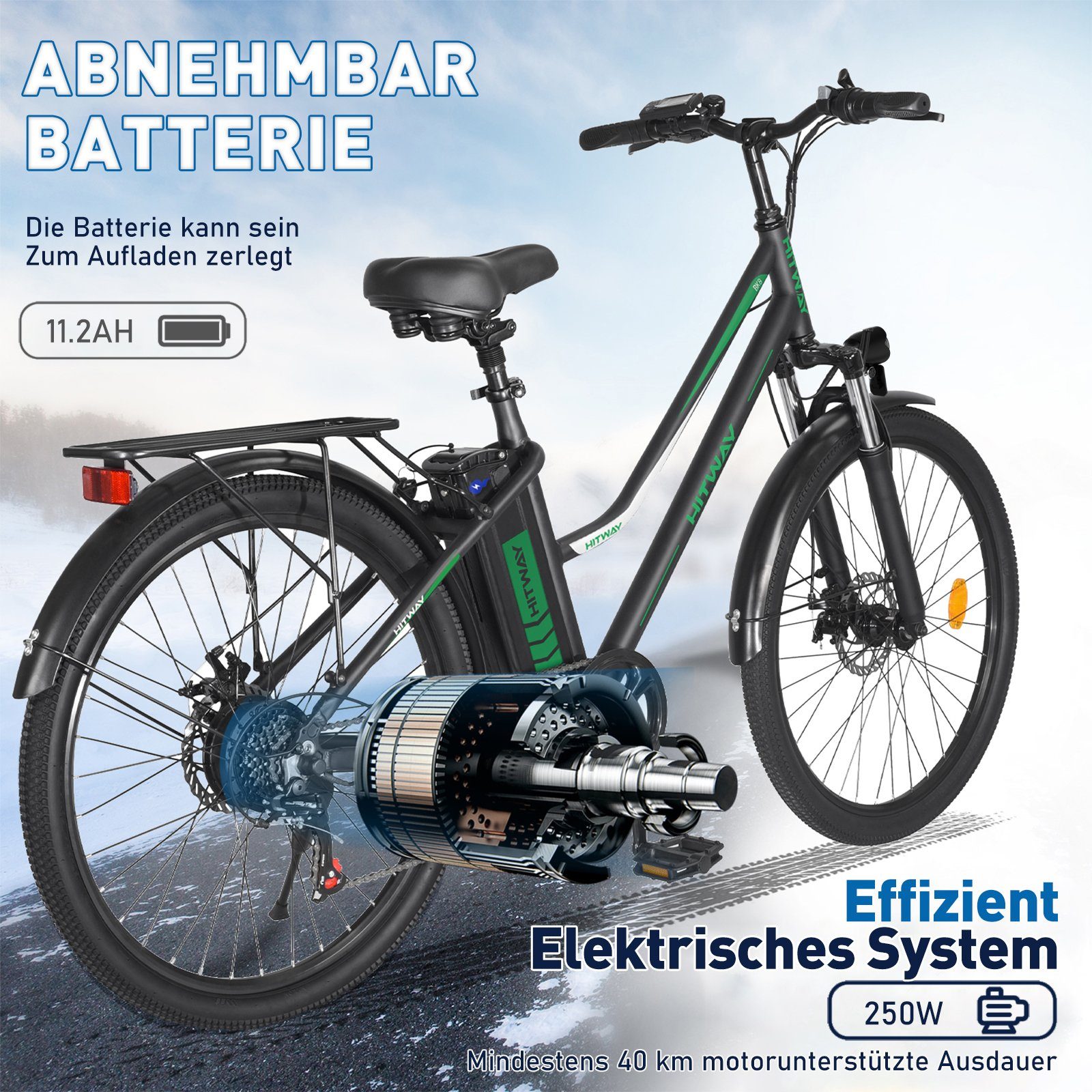 HITWAY E-Bike 26 Zoll Elektrofahrrad mit 250W,36V/11.2Ah,25km/h, für Damen Herren, 7 Gang Shimano, Kettenschaltung, Heckmotor, Elektrofahrrad für Damen und Herren 165 - 185 cm, innerhalb der StVZO