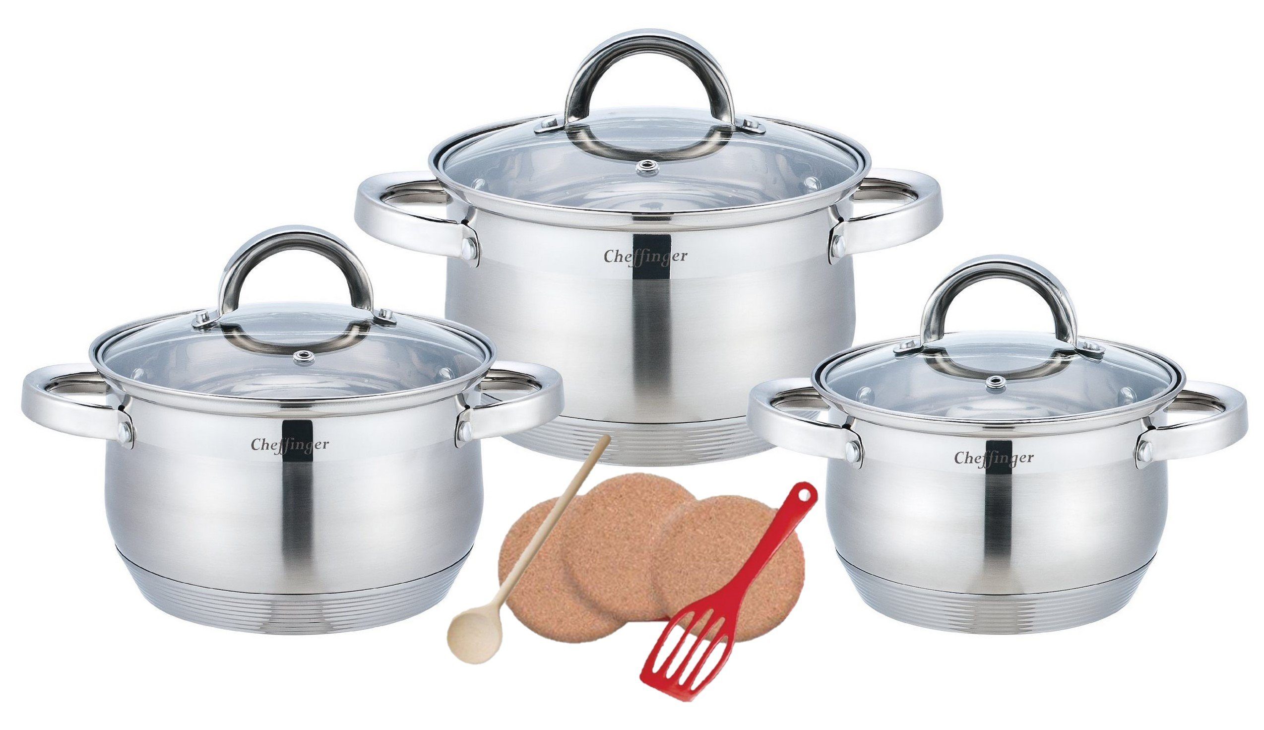 KESSMANN Topf-Set Edelstahl Induktion Topfset - 3 Töpfe mit 3 Deckel Inkl. Zubehör, Edelstahl 18/10 (Set, 11-tlg., 1 Pfannenwender + 3 Kork-Untersetzer + 1 Holzlöffel Antihaft rostfrei), Induktionsherd Kochtopf Schmor Topf Brattopf Bräter Pfanne Supp