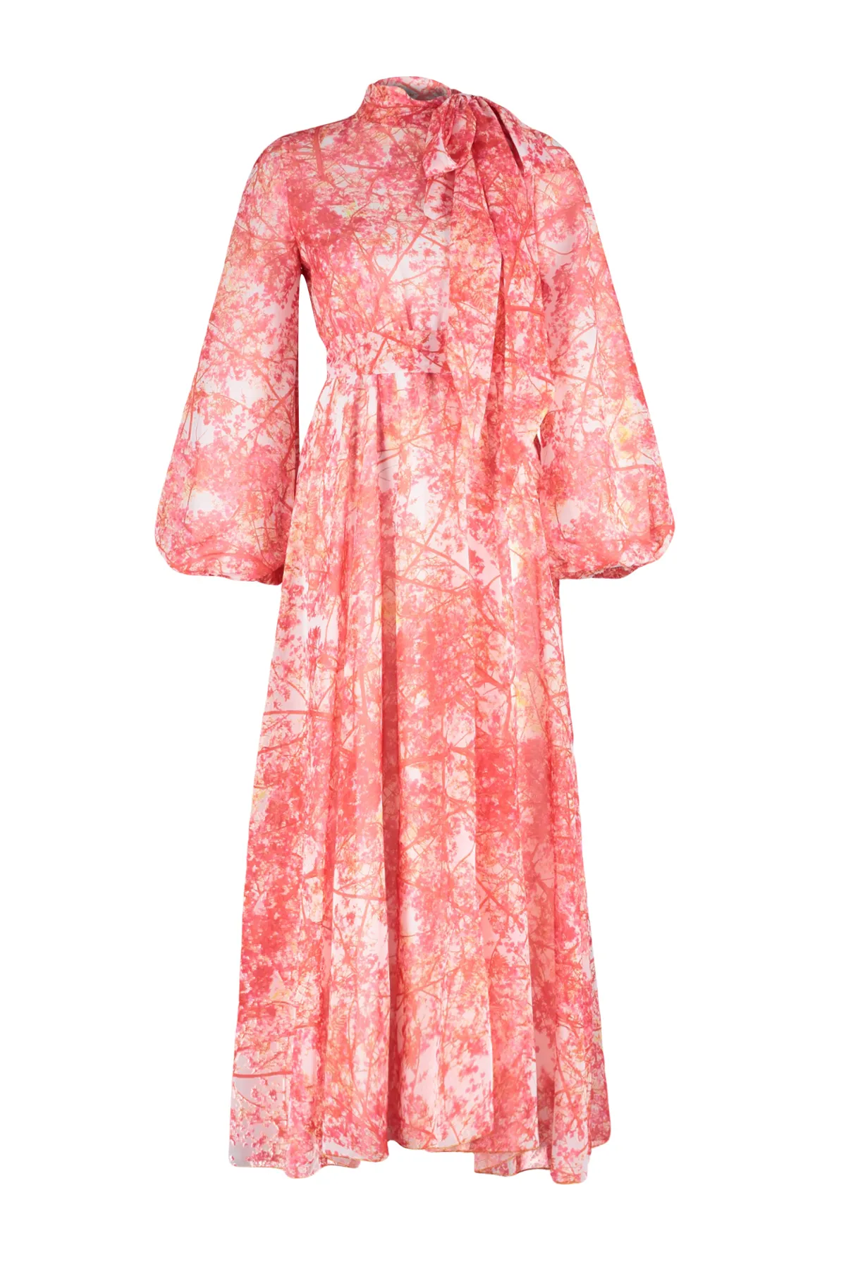 Trendyol Modest  Rotes, mit Blumenmuster gefüttertes, langes Chiffon-Abendkleid TCTSS24EB00040