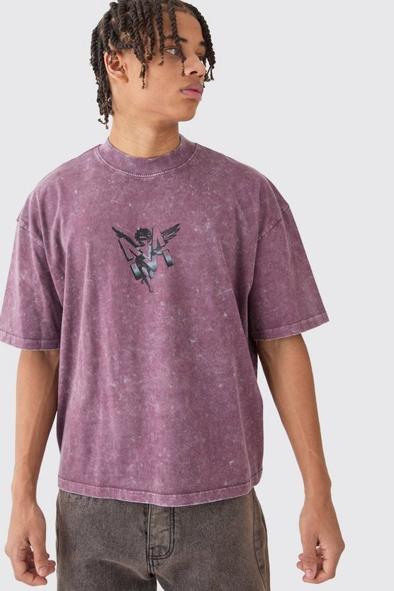 Kastiges Oversize T-Shirt mit Acid-Waschung und M-Print