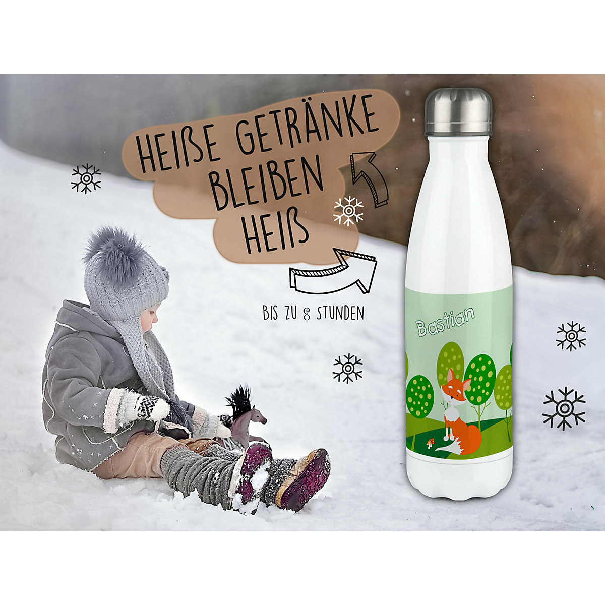 Edelstahl Kinder Thermoflasche / Trinkflasche bunt Fuchs Spülmaschinenfest, Auslaufsicher, Bruchfest, Doppelwandig, Für Heißgetränke geeignet, Mit Deckel, Isoliert