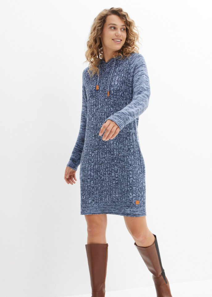 Kapuzen-Strickkleid mit Zopfmuster