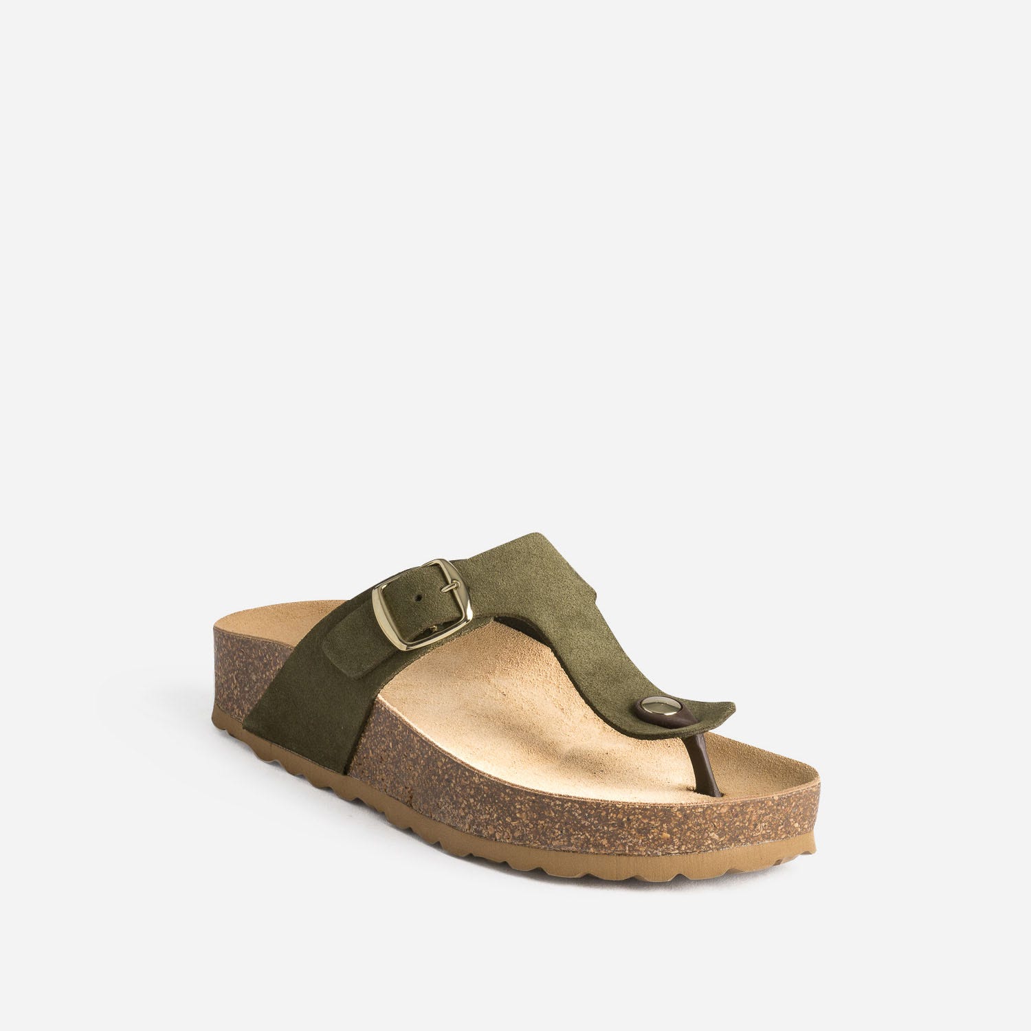 Tong anatomique kaki en cuir velours à plateforme