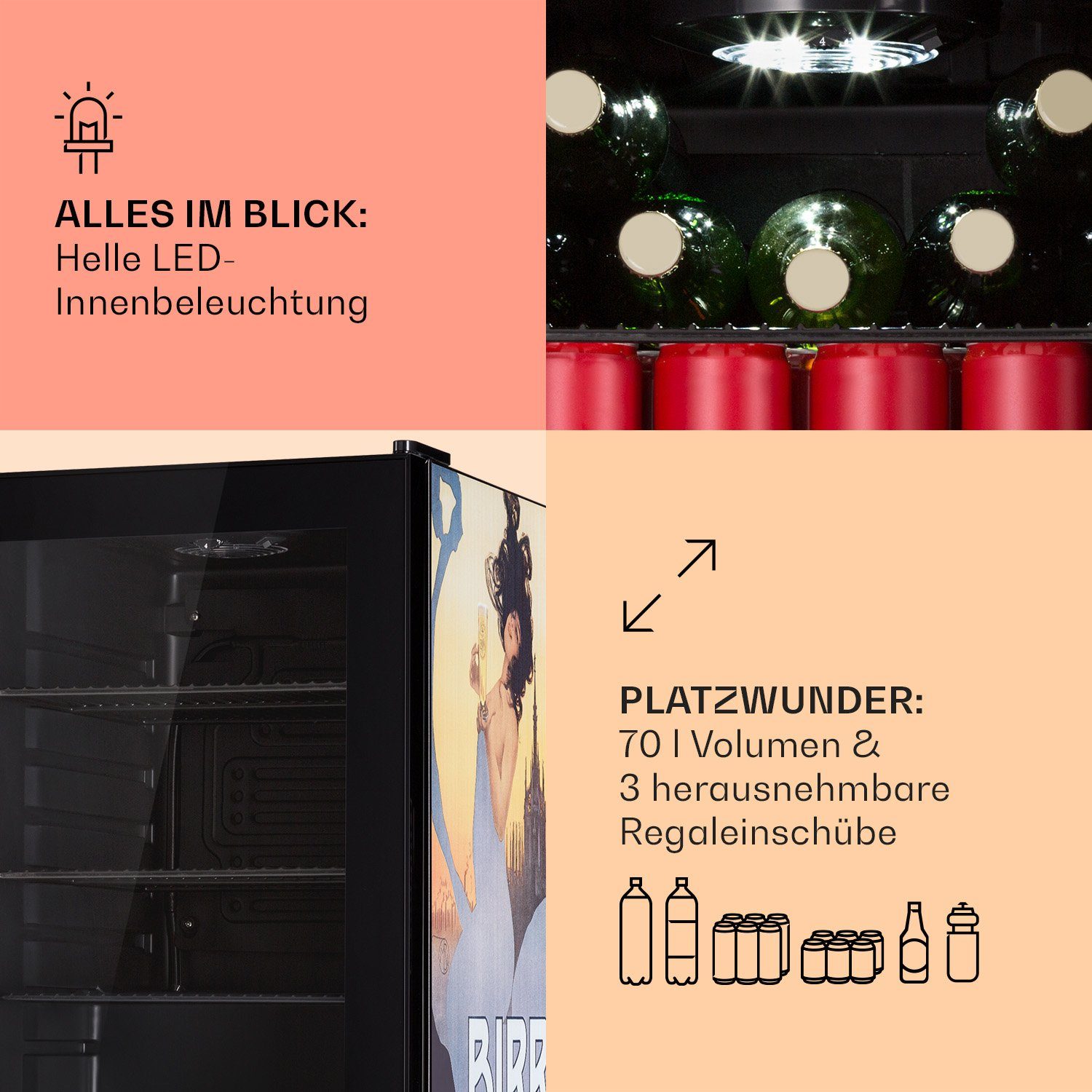 Klarstein Getränkekühlschrank HEA13-Birra-Milan-OX 10041180, 67 cm hoch, 43 cm breit, Bierkühlschrank Getränkekühlschrank Flaschenkühlschrank mit Glastür