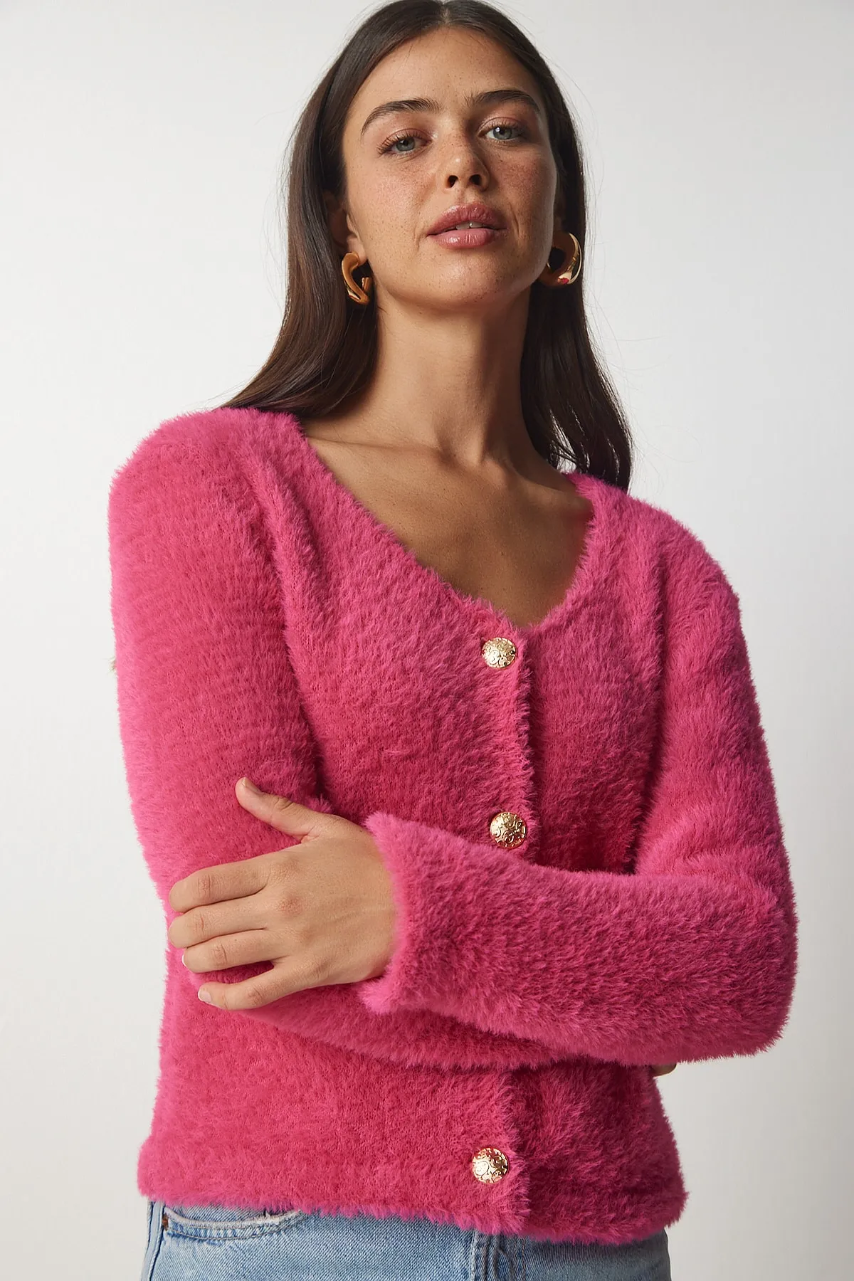 Happiness İstanbul  Rosafarbene, weiche Strickjacke mit Bärtchen für Damen NF00067