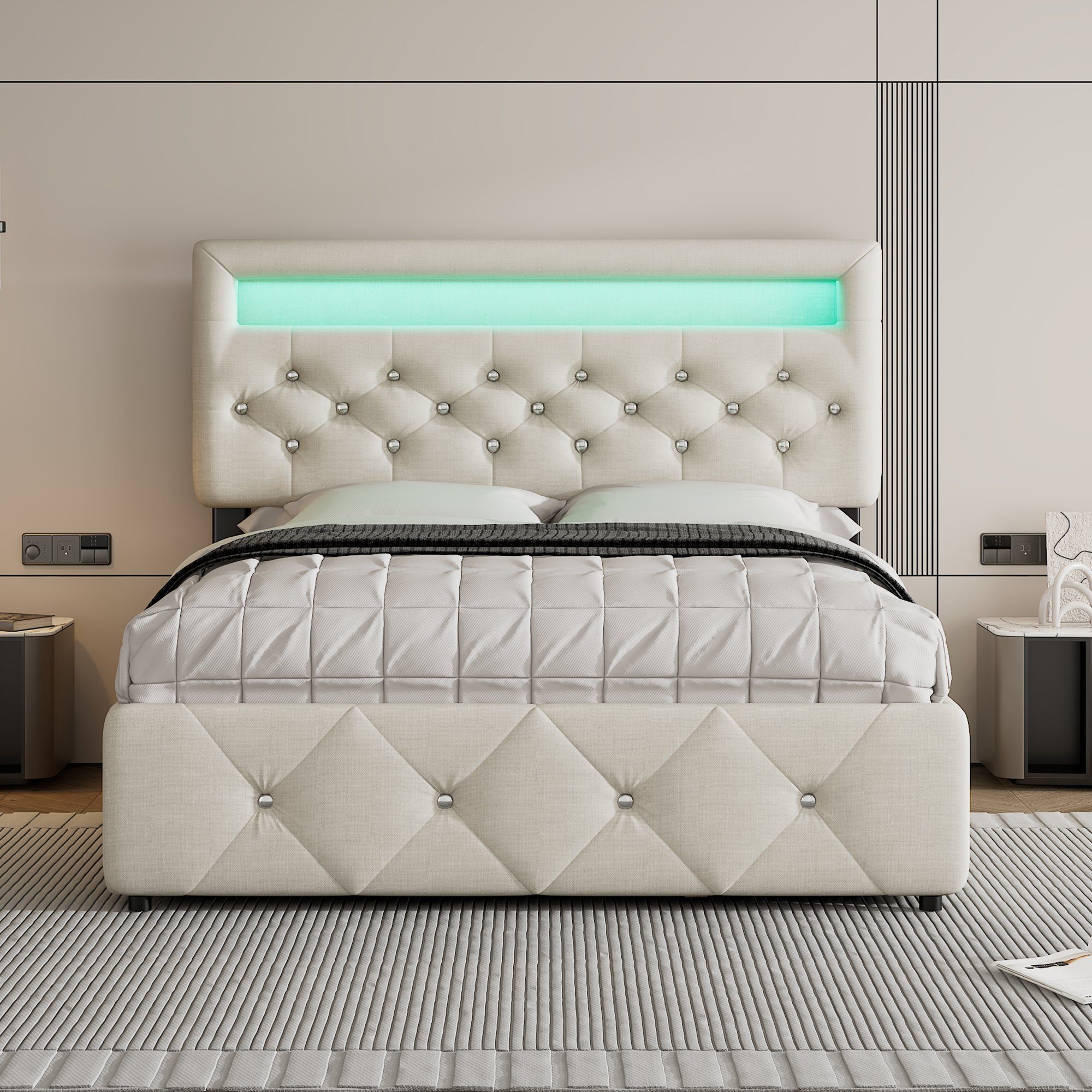 Flieks Polsterbett, LED Doppelbett 140x200cm mit 2 Schubladen, Ausziehbett 90x190cm Leinen