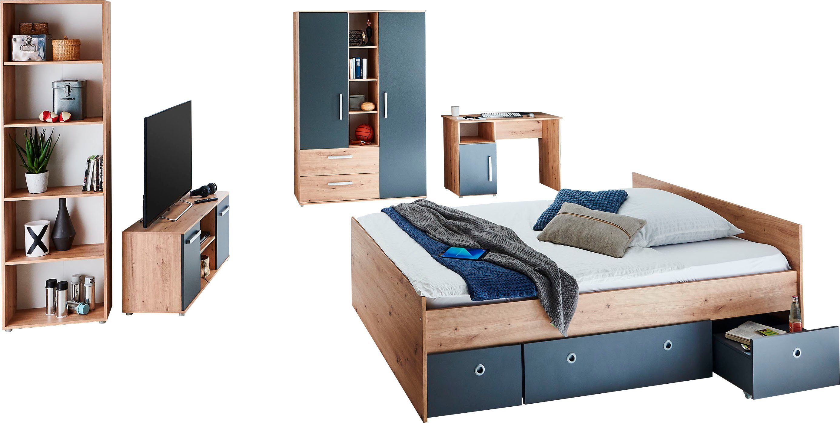 arthur berndt Jugendzimmer-Set Alessio, (Set, 6-St., Kleiderschrank, Bett mit Schubkasten, Schreibtisch, Bücherregal etc), mit Melamin-Oberfläche