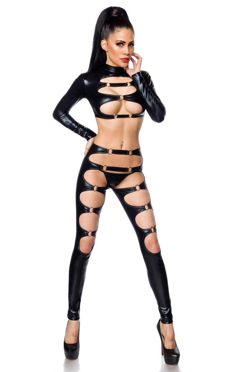 Saresia Overall 3-tlg. Wetlook-Set Gogo Outfit: Top, Leggings, String, Made in EU