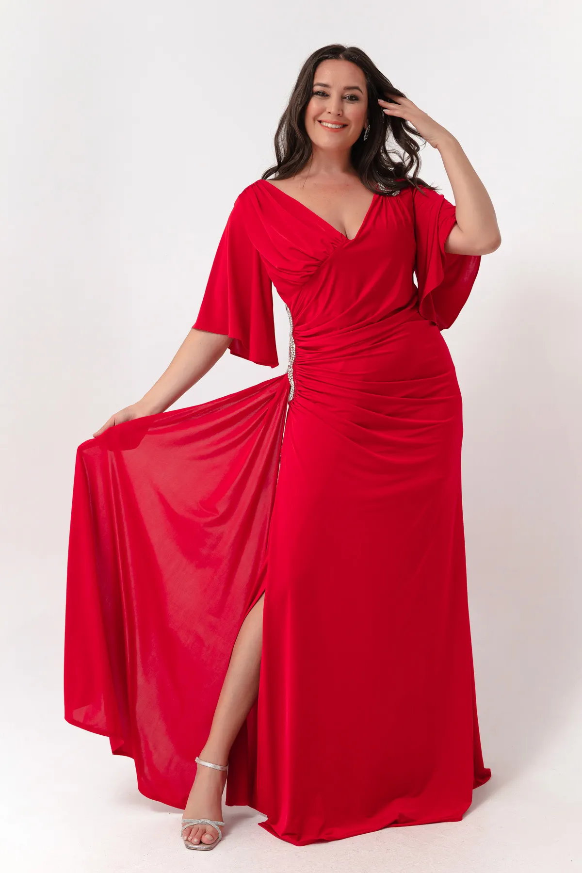 Lafaba  Rotes Abendkleid mit kurzen Ärmeln und Schlitz für Damen in Übergröße