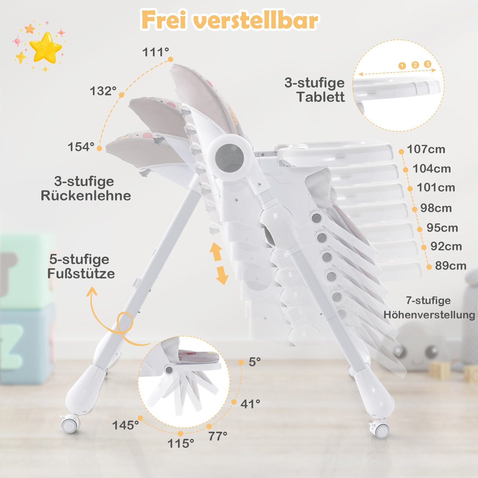COSTWAY Hochstuhl, 3in1 klappbarer Babyhochstuhl, 7-stufiger Höhen, verstellbar