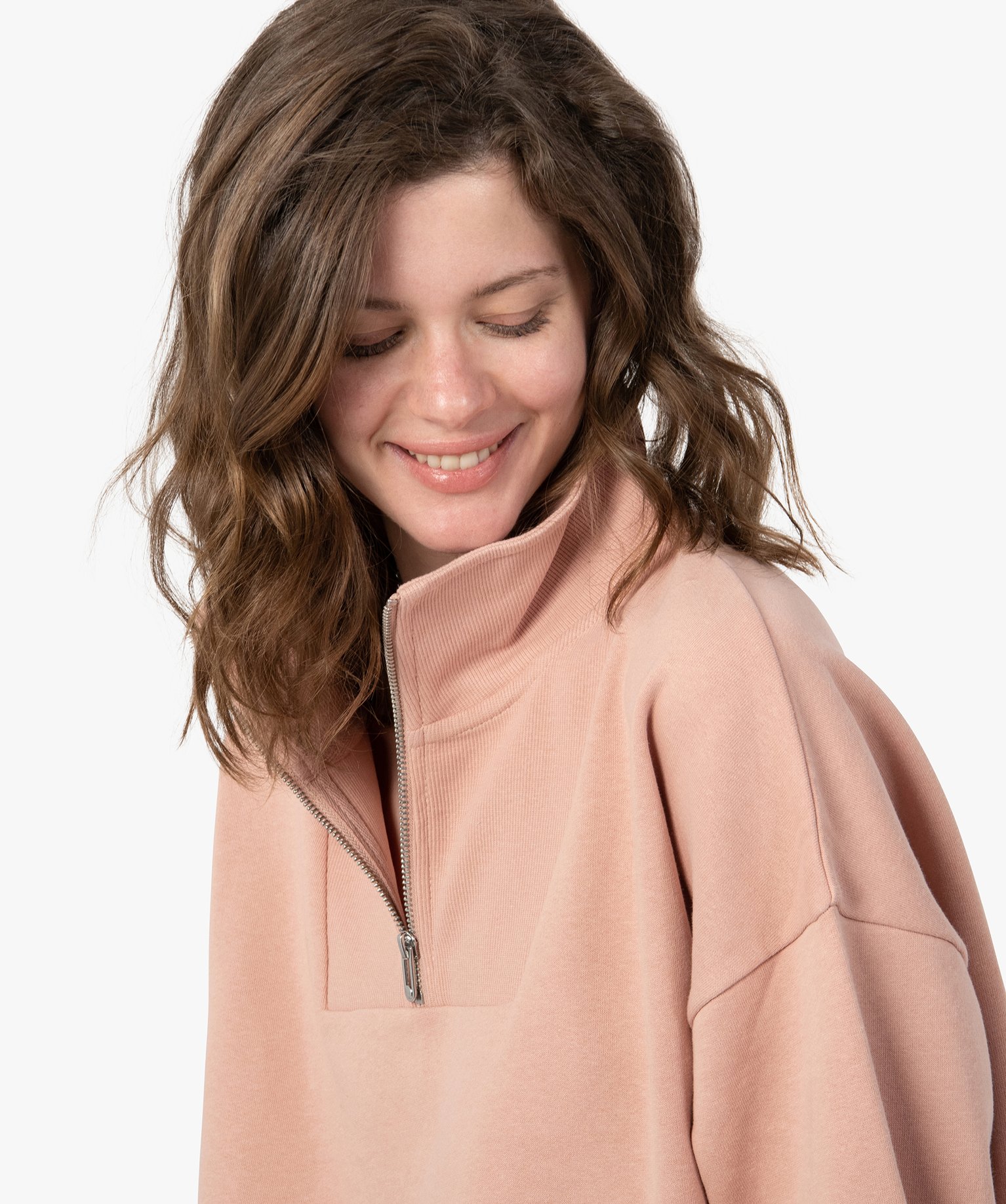Sweat femme à col zippé intérieur molletonné rose | GEMO