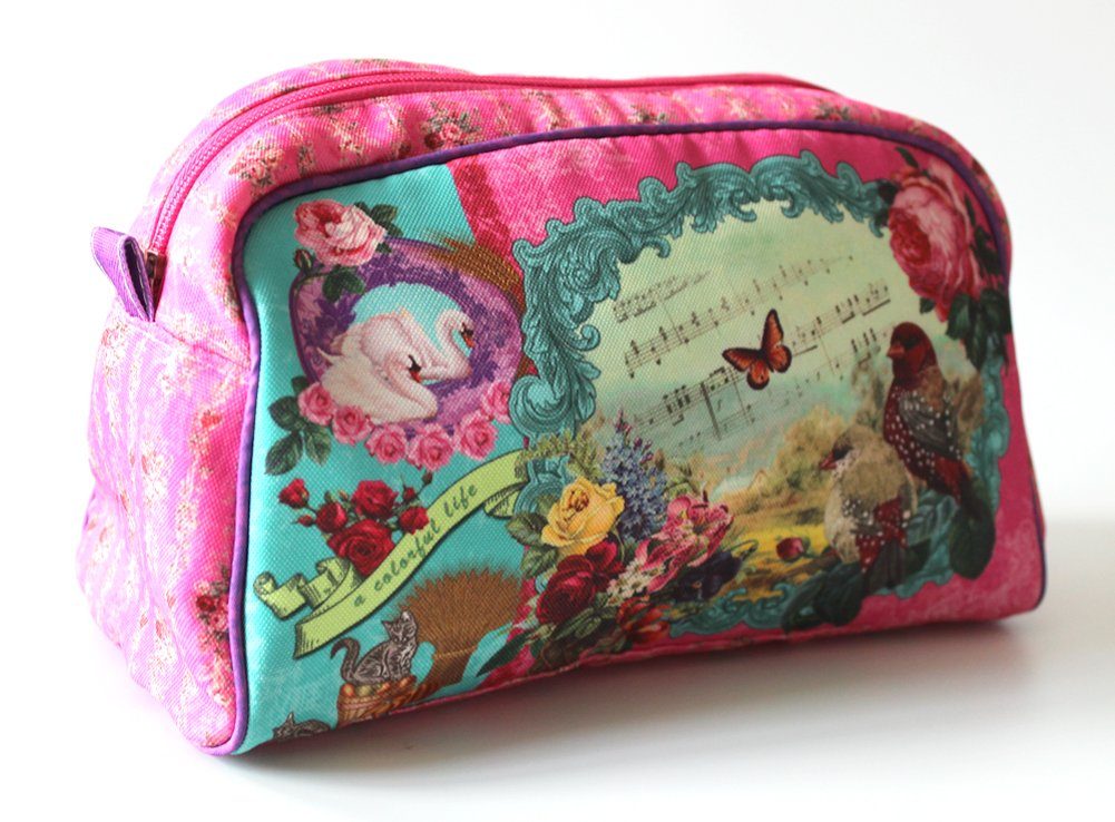 LB H&F Lilienburg Kulturbeutel Tasche Täschchen Kosmetiktasche Schminktasche Kosmetiktäschchen (Hygge Nostalgie Stoff Rose Stoff Kinder Shabby Vintage Nostalgie türkis rosa IT Mädchen Rosen Damen Frauen Geburtstag Geschenkidee Muster bunte Vogel, kle