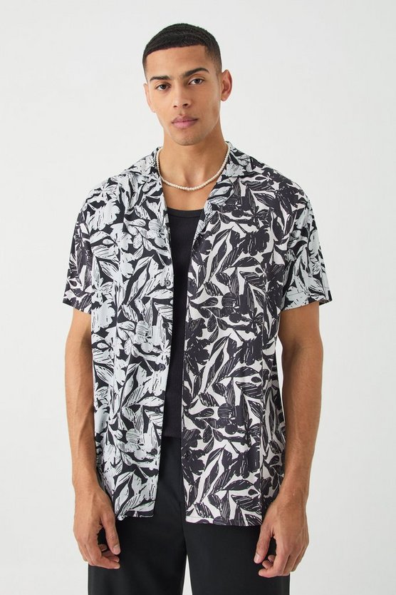 Kurzärmliges gespleißtes Oversize Viskose-Hemd mit floralem Print