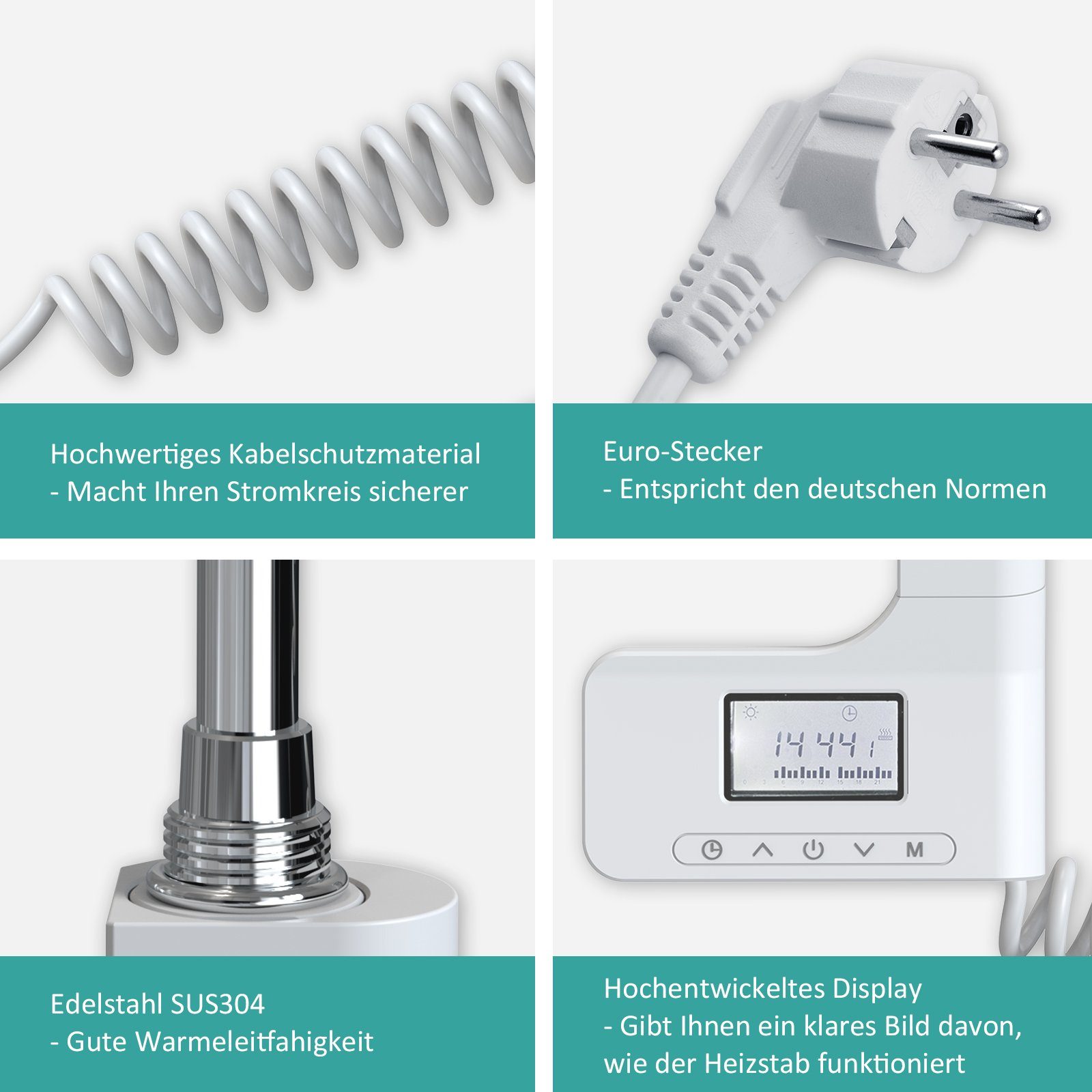 EMKE Heizstab 300W-1200W Heizstab mit Thermostat, Heizpatrone für Badheizkörper Heizelement IP44 Weiß ohne Heizkörper