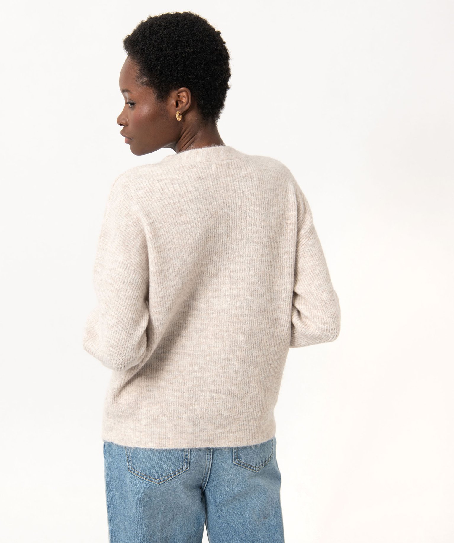 Gilet à col V en maille douillette avec gros boutons femme ecru | GEMO