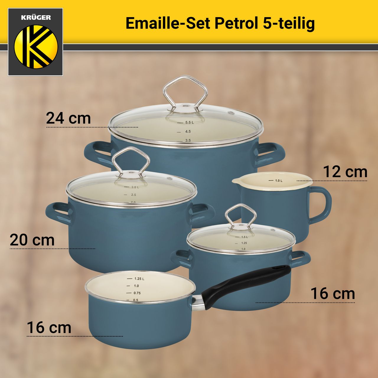 Karl Krüger Emailliertes Topf-Set PETROL, 5tlg.