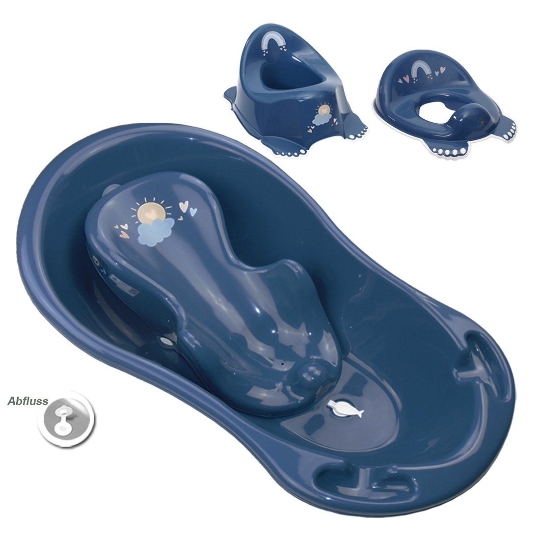 Tega-Baby Babybadewanne 4 Teile SET - METEO Blau - -Babybadeset Wanne Pflege Wanne, (Made in Europe Premium.set), Babybadewanne + Badesitz + Töpfchen + Wc Aufsatz