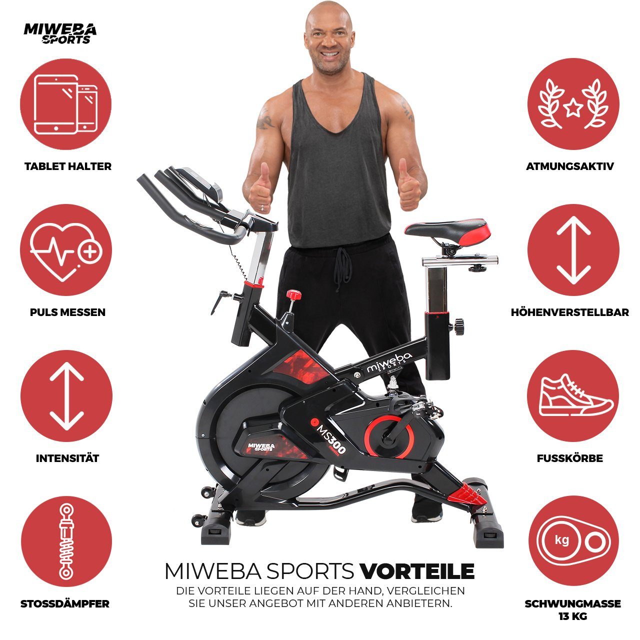 Miweba Sports Speedbike Profi Indoor Cycle Bike MS300 - 13 Kg Schwungmasse (Sportgeräte für zu hause, Heimtrainer Fahrrad, Trimmrad, Fahrradtrainer, Cardio, Sport, Training, Ganzkörpertraining, 1-tlg., Pulsmessung, LCD Display, Handy & Tablethalterun