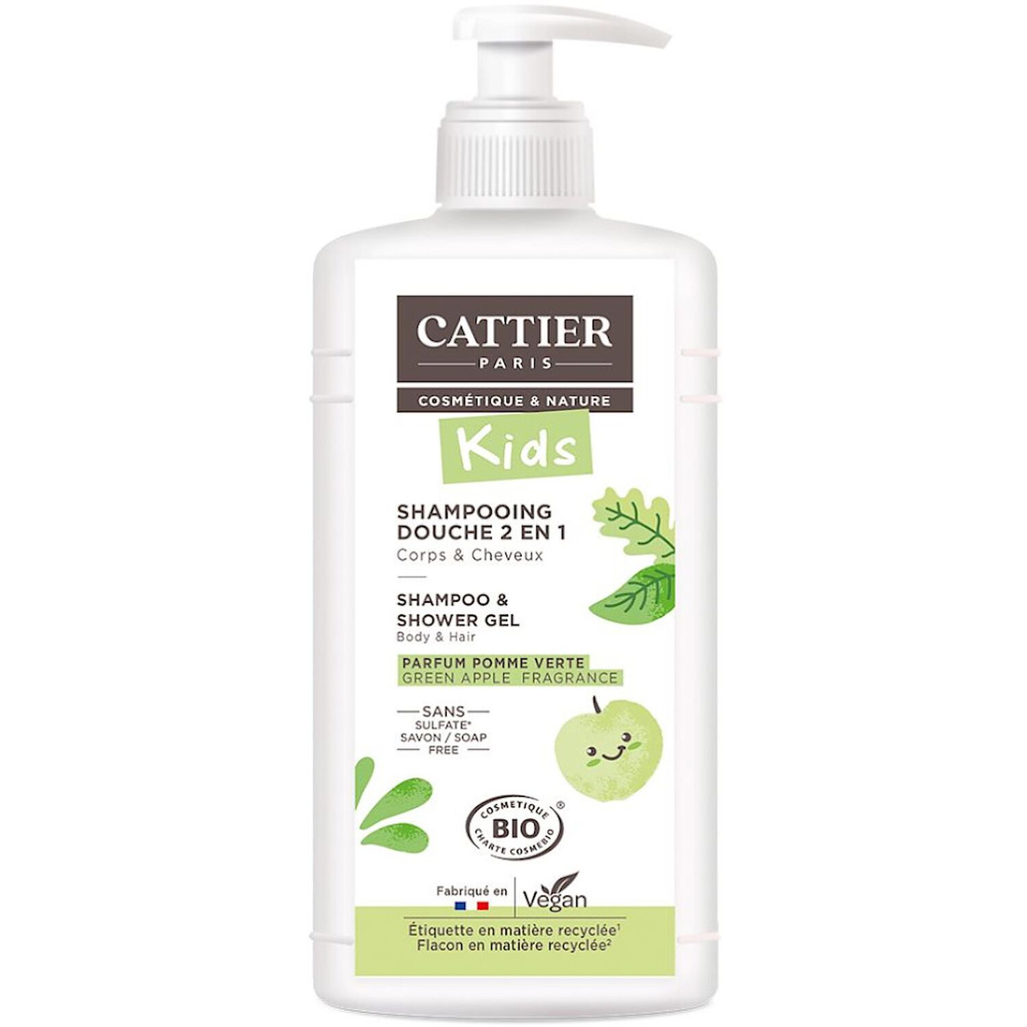 Cattier Shampooing Douche 2en1 Corps et Cheveux - Parfum Pomme Verte 500 ml