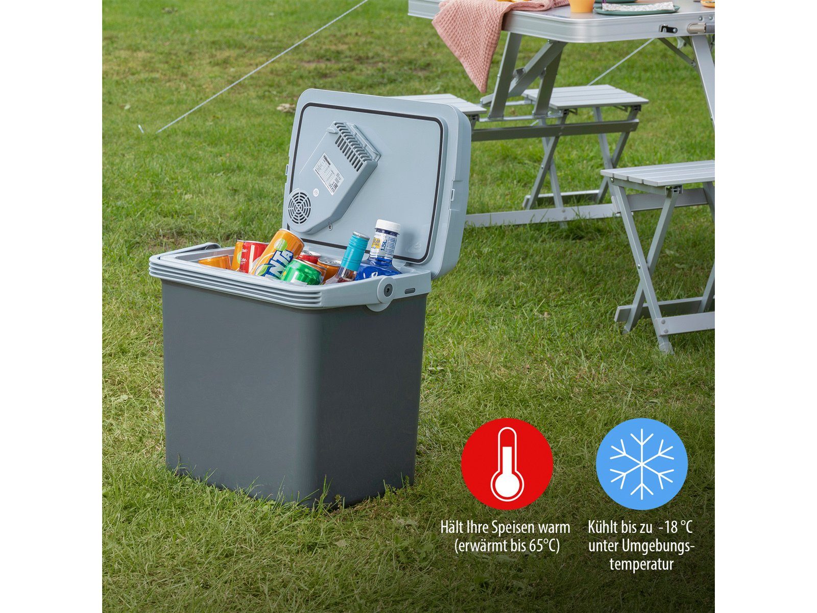 Tristar Elektrische Kühlbox, 19 l, mit Strom thermoelektrisch für Auto & Garten 12V 220-240V Klappständer