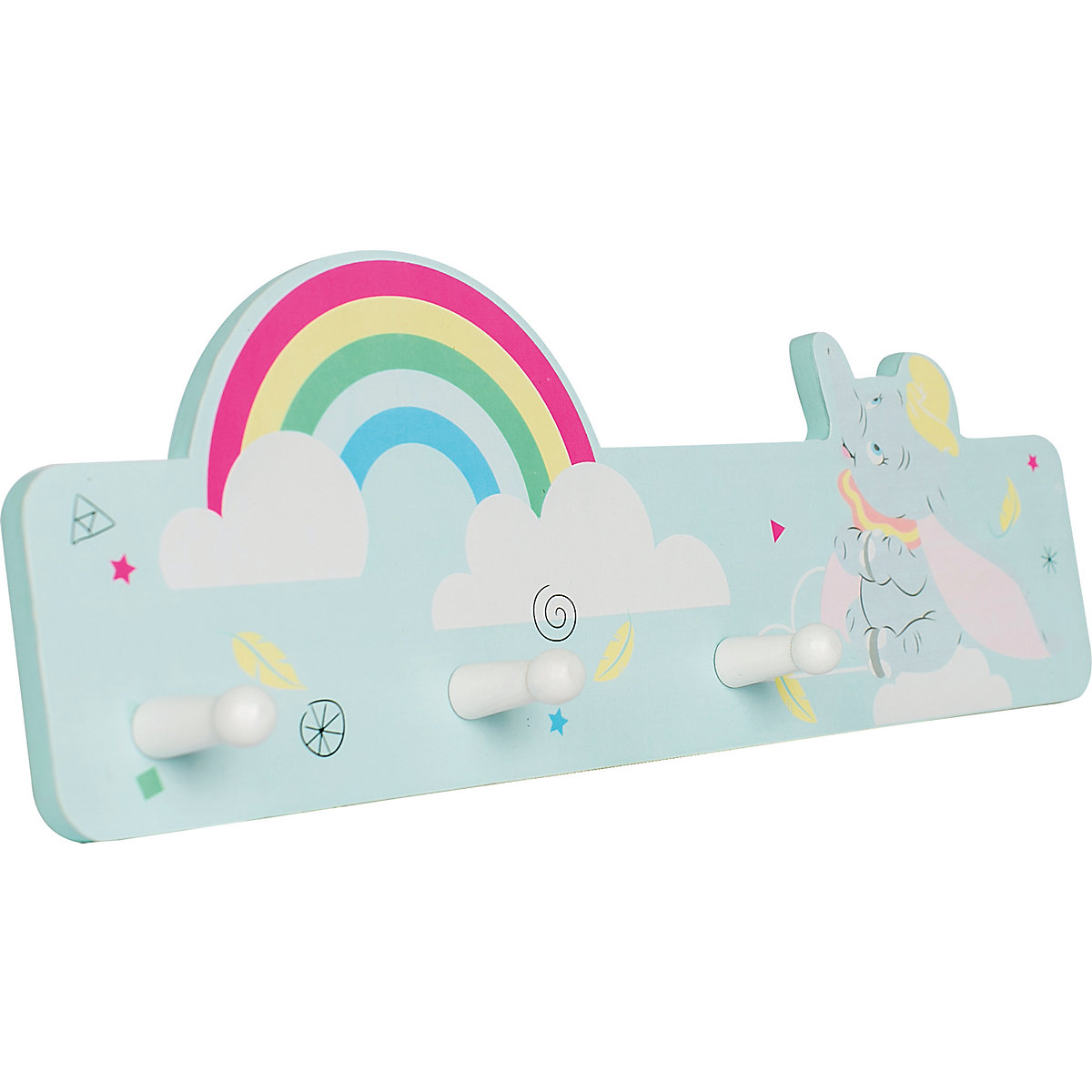 Dumbo Garderobe mit 3 Haken, grau mit Regenbogen