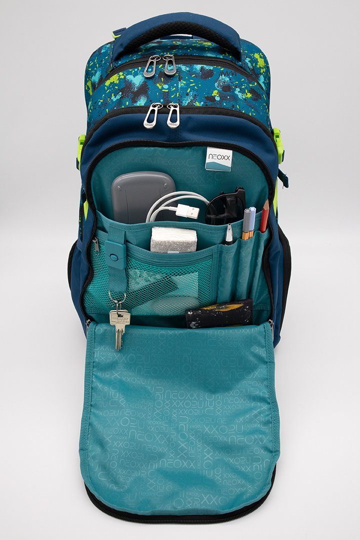 neoxx Schulrucksack Active, Petrol Extrem, aus recycelten PET-Flaschen