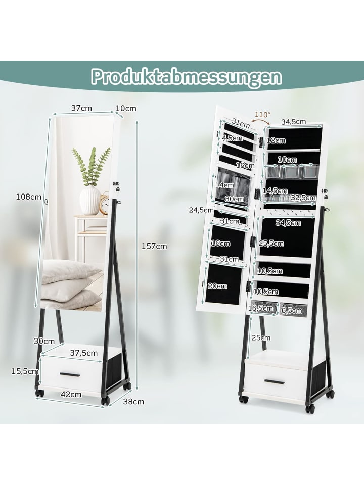 COSTWAY Schmuckschrank mit Spiegel in Weiß günstig kaufen 38 cm