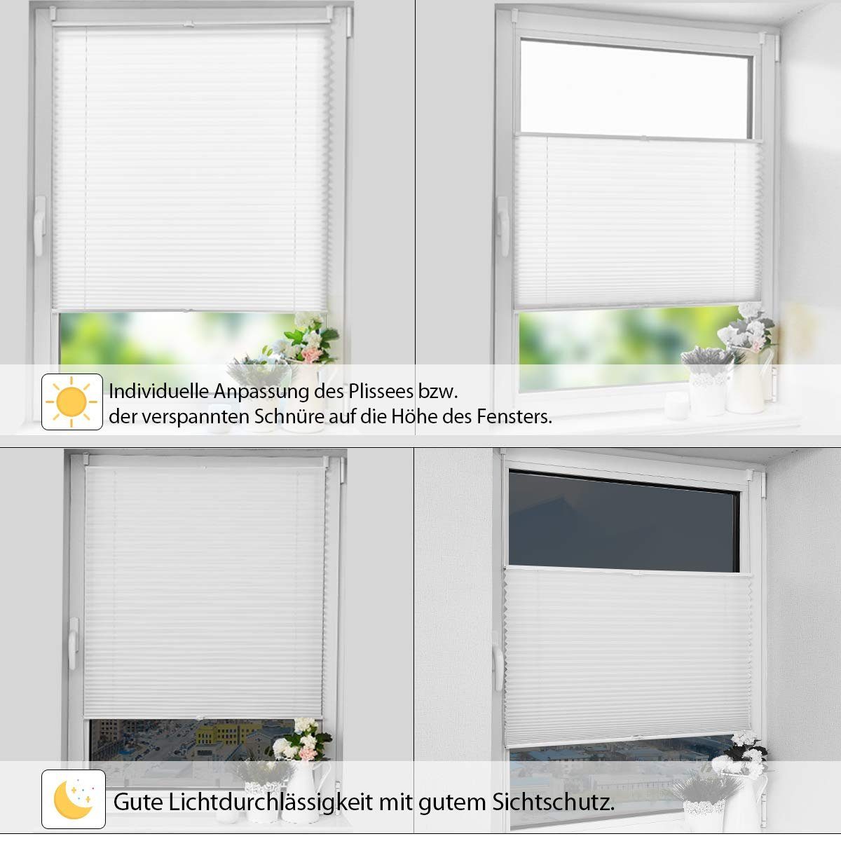 Plissee mit Klemmträger Sonnenschutz und Sichtschutz lichtdurchlässig Rollo, OUBO, Lichtschutz, Klemmfix Faltrollo ohne Bohren Jalousie mit Klemmträger, Klemmfix