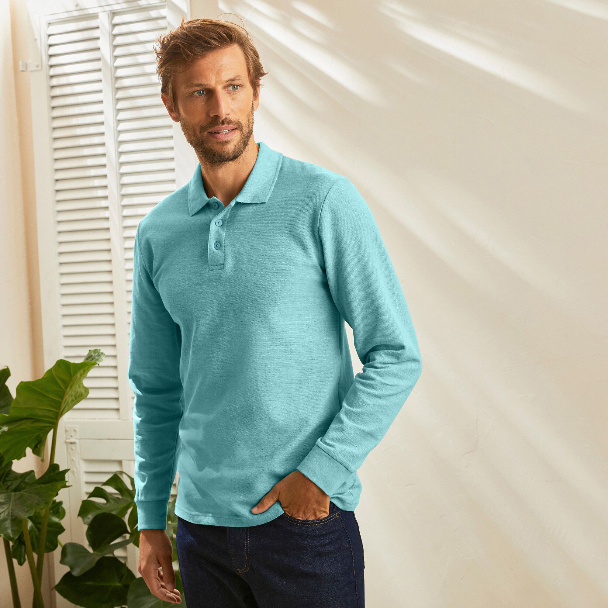Polo uni maille piquée manches longues