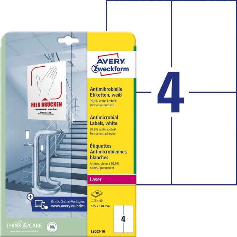 Avery Zweckform Antimikrobiell Laser Etiketten L8003-10 Selbsthaftend DIN A4 Weiß 105 x 148 mm 10 Blatt à 4 Etiketten