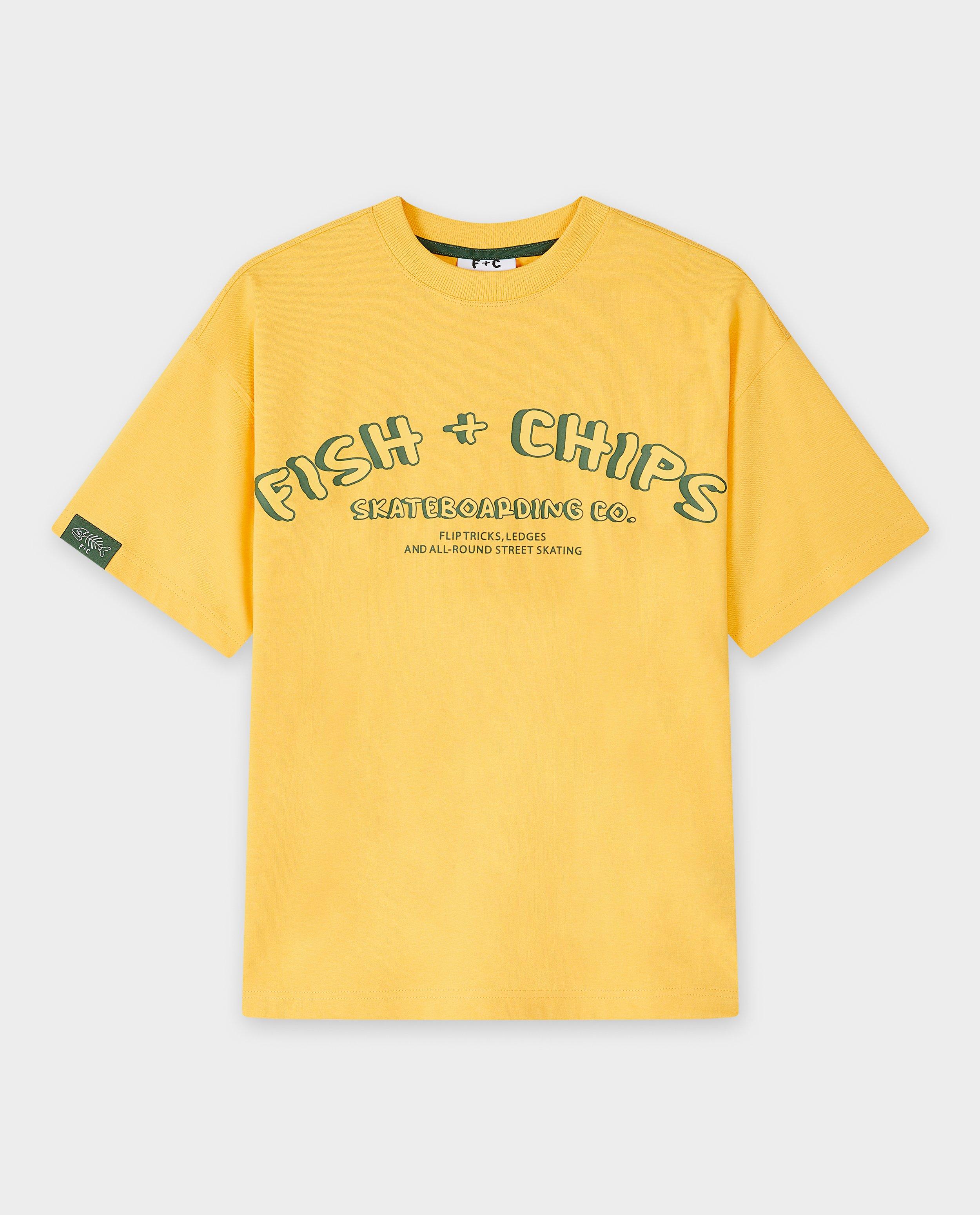 Tricou Fish & Chips cu inscripție, croială lejeră, galben