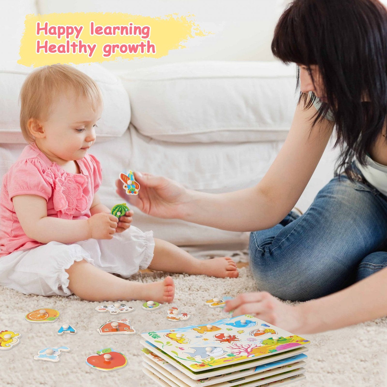 LBLA Lernspielzeug Holzpuzzle-Lernspielzeug: für Spaß und Lernen mit sicheren Materialien (6er Set), Vielfältige Designs( Dinosaurier, Fahrzeug, Bauernhof, Alphabet, Meer, Obst)