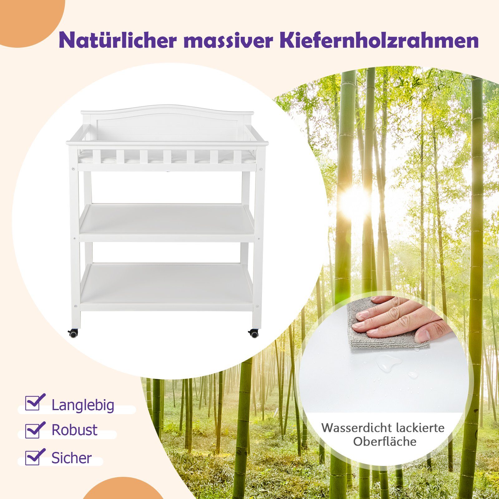 COSTWAY Wickeltisch Wickelkommode, mit Wickelauflage & Sicherheitsgurt & Rollen