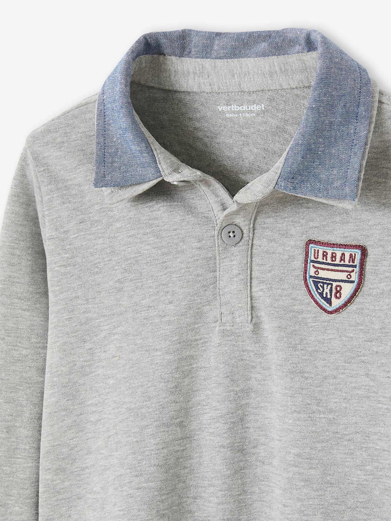 Polo garçon avec badge et col en chambray dark bleu indigo