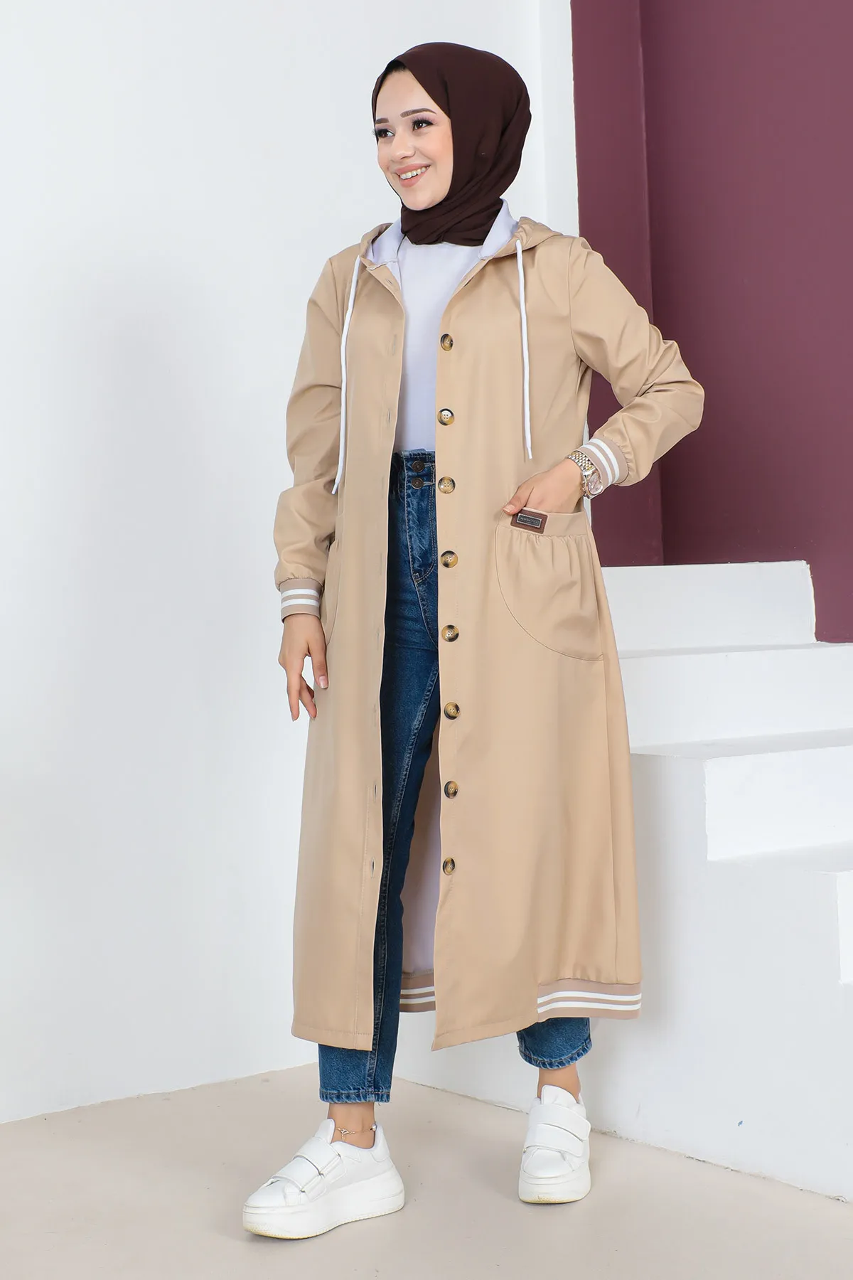 Tesettür Dünyası  Gerippter Trenchcoat TSD230638 Kamel