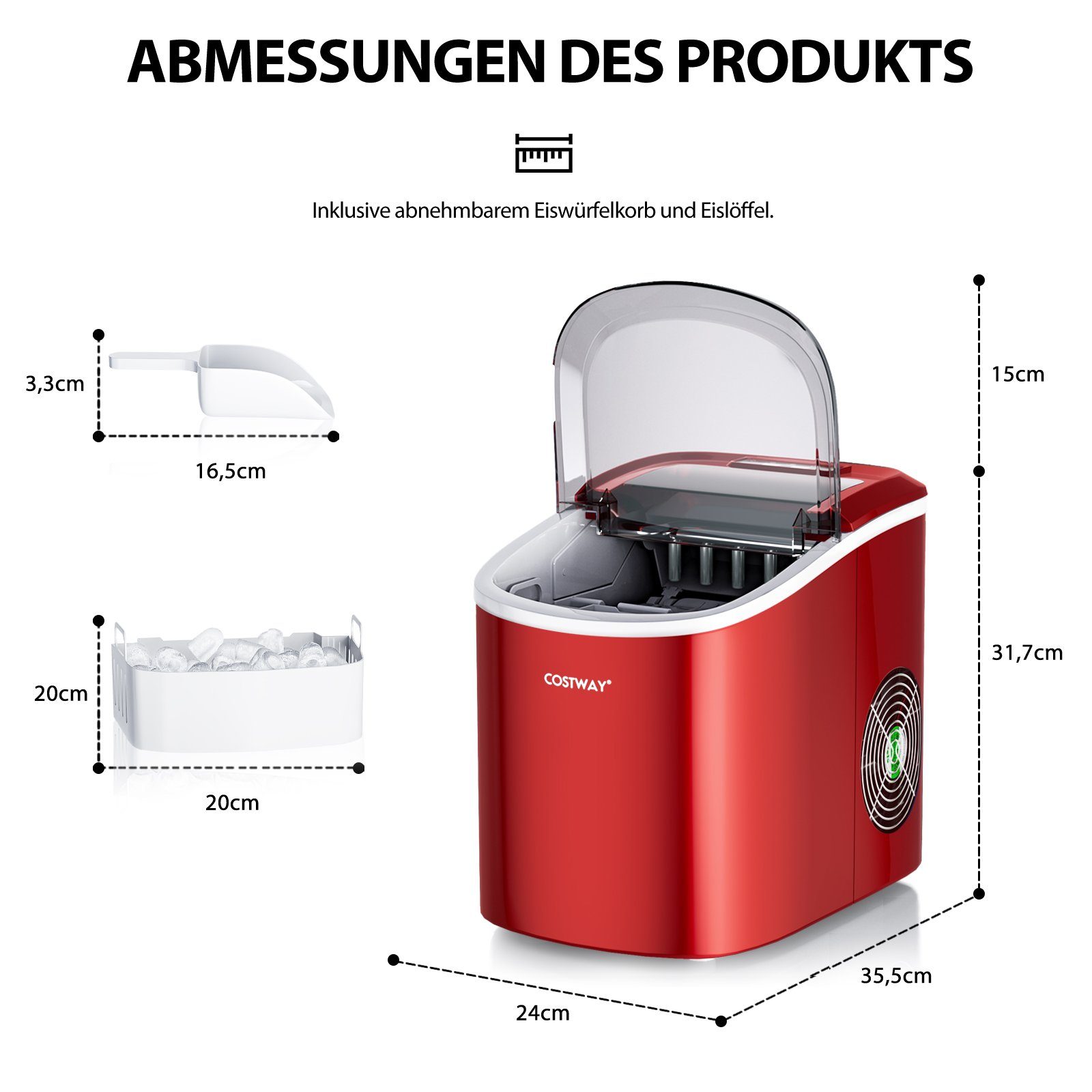COSTWAY Eiswürfelmaschine, kugelförmige Eiswürfel, 2 Eisgrößen, 12 kg/24 H