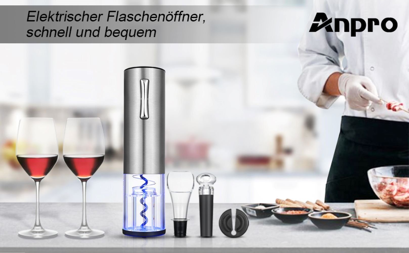 Anpro Korkenzieher Anpro Elektrischer Korkenzieher Set, (Set), 304 Edelstahl, mit Folienschneider, Vakuum Stopper Und Ausgießer