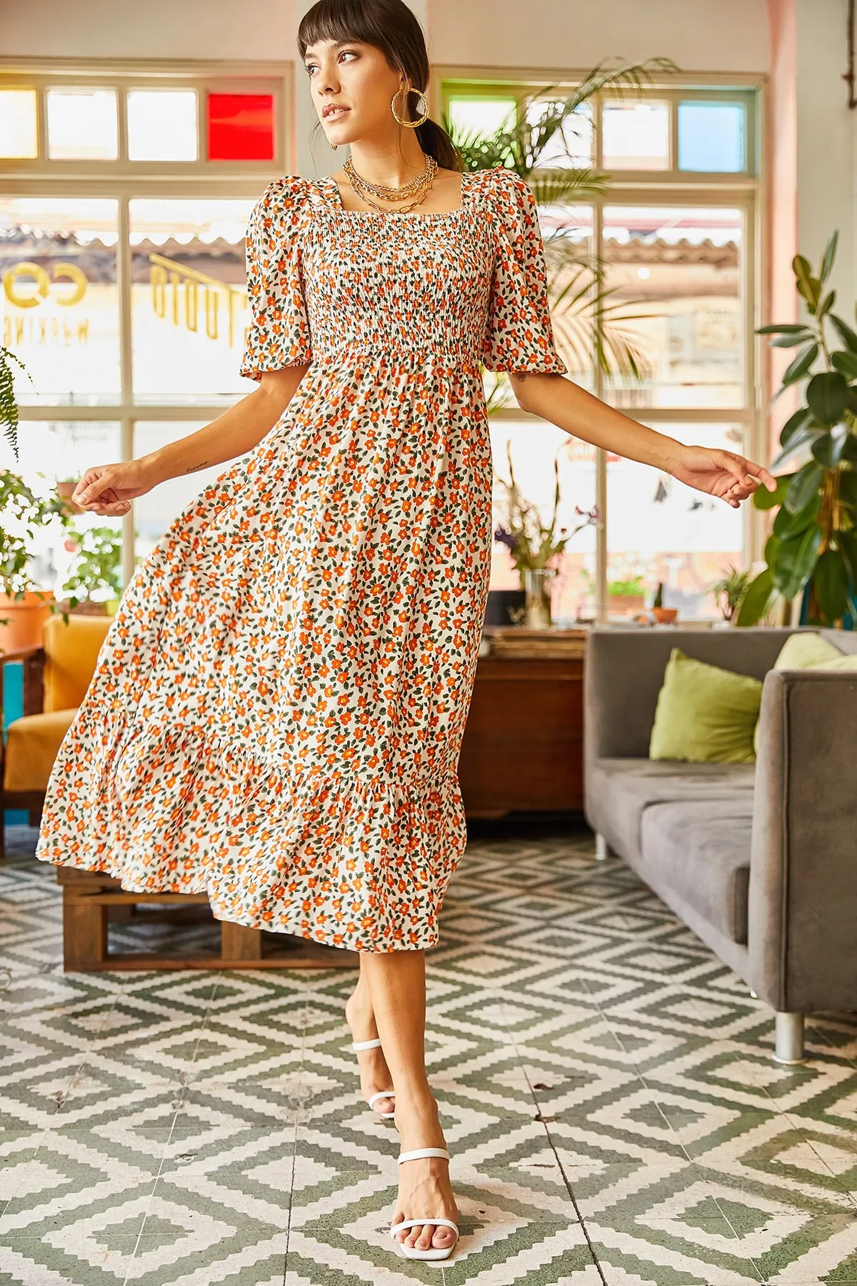 Olalook  Ecru Orange Gimped Lässiges Kleid aus gewebter Viskose für Damen ELB-19001483