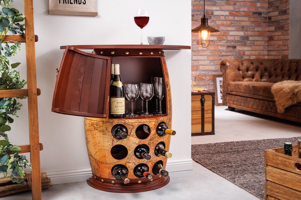 riess-ambiente Weinregal SEVEN SEAS 80cm natur / braun, Einzelartikel 1-tlg., Wohnzimmer · Massivholz · Barschrank · Fass · Weltkarte