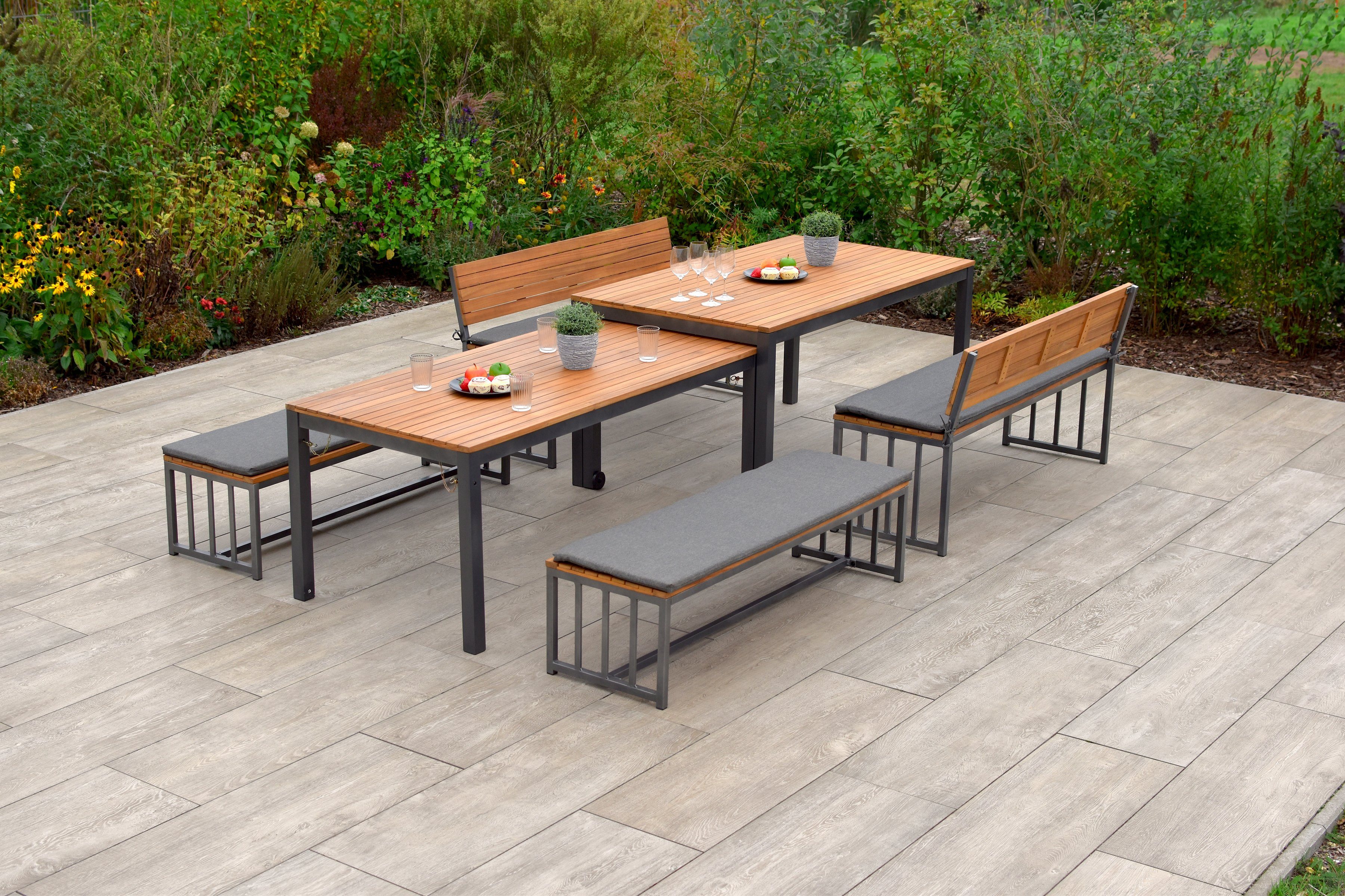 MERXX Garten-Essgruppe Milos, (Set, 10-tlg), 4 Sitzbänke, inkl. Sitzkissen, 2 Tische