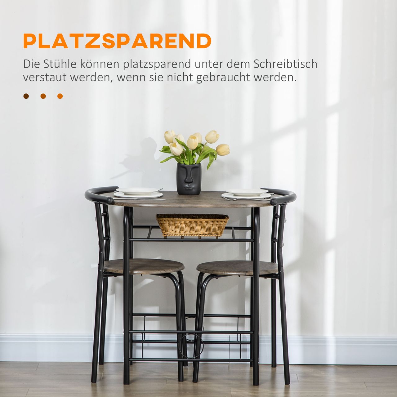 HOMCOM Essgruppe, Esstisch mit 2 Stühlen, Küchentisch mit Ablagefach, Schwarz