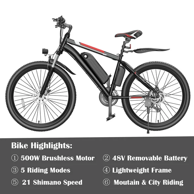 Gocio 500W Electric Bike 26 Electric Bicycle for Adults with Cruise Control System Ebike, Mountain Bike with Removable 375Wh Lithium-Ion Battery 50 Miles, 21 Speed Commuter Bike for Man Woman