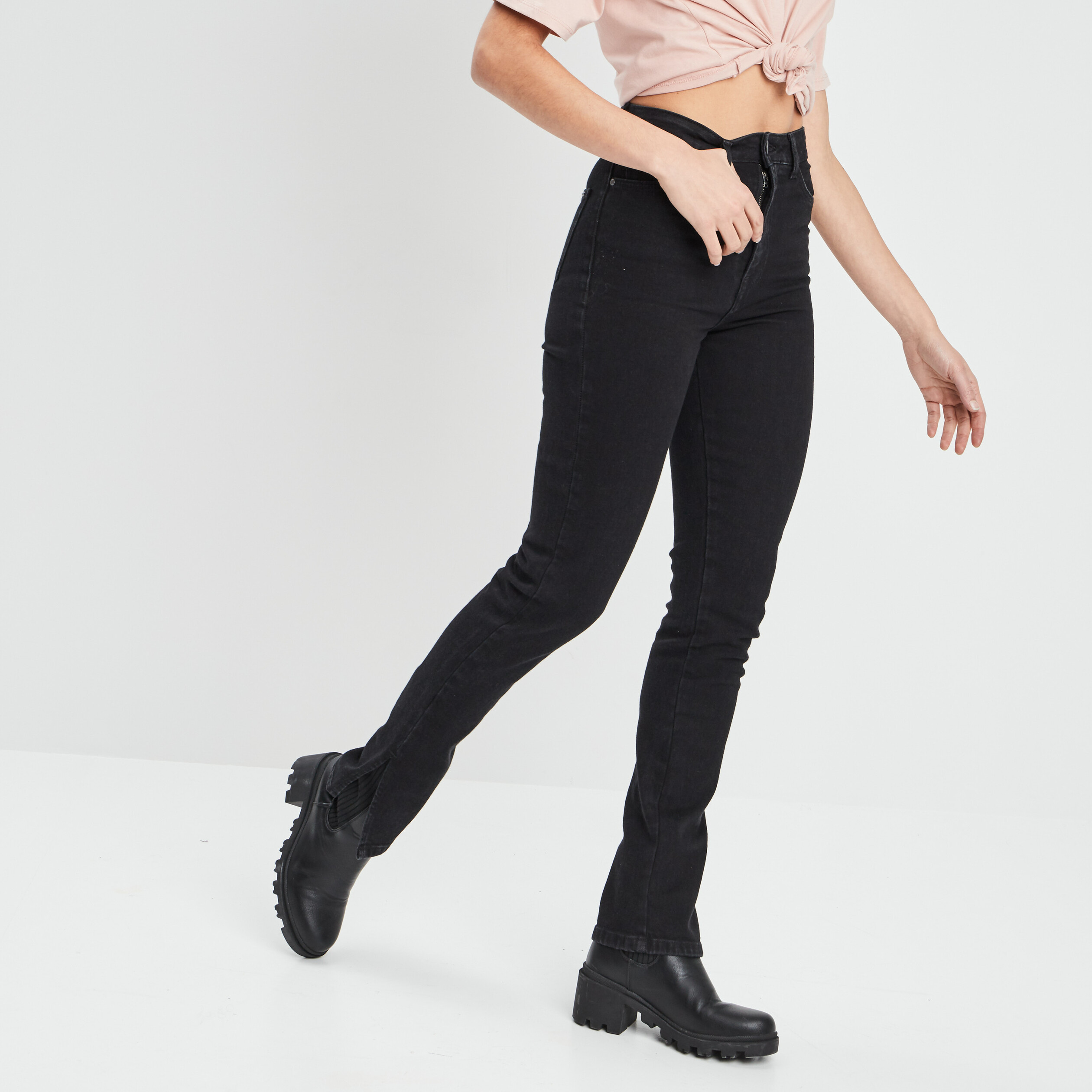 Jeans slim taille haute fendu denim noir femme | La Halle
