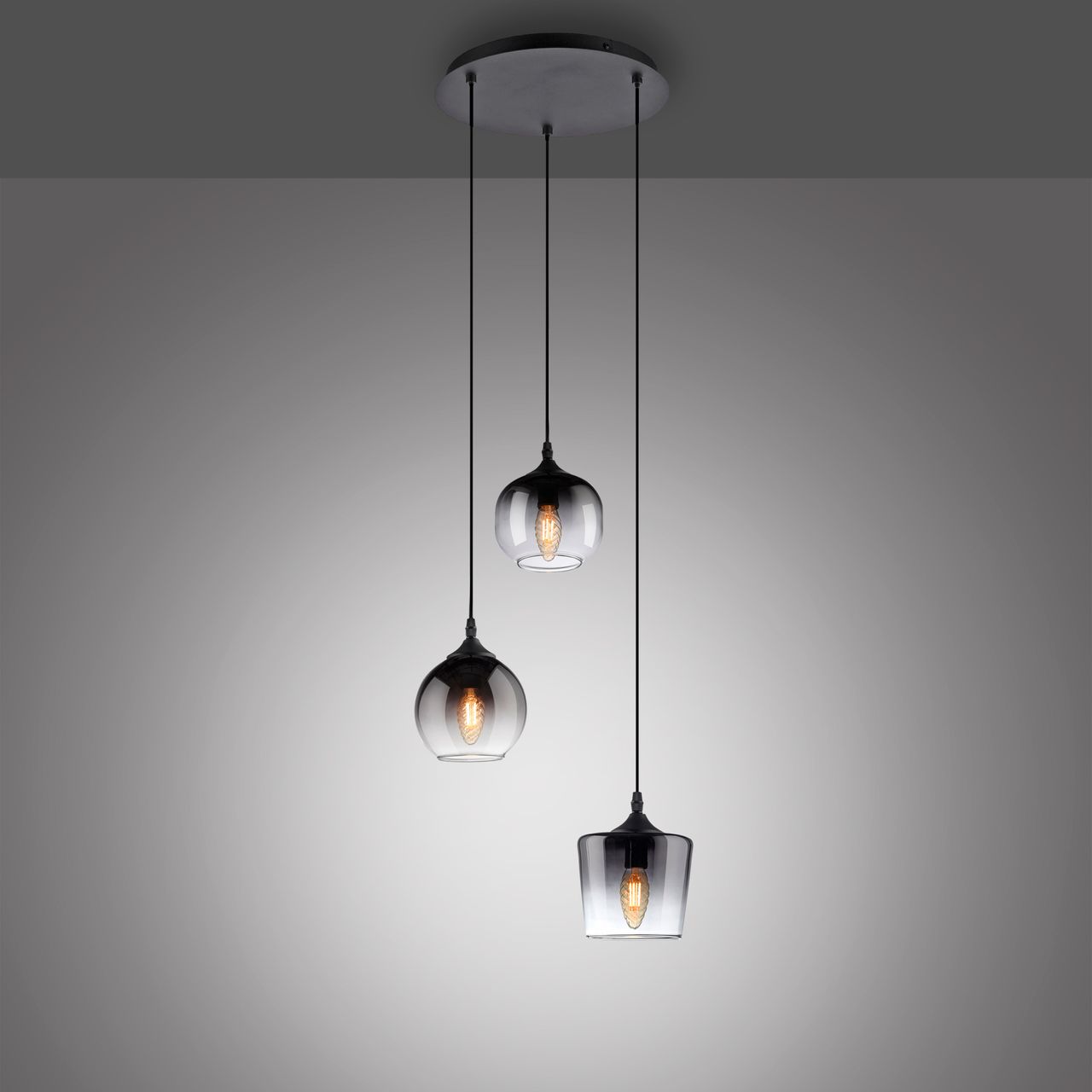 JUST LIGHT Pendelleuchte GREEN ZEA, 3x E14/25 Watt max., rauchfarbene Gläser, rund, Schwarz