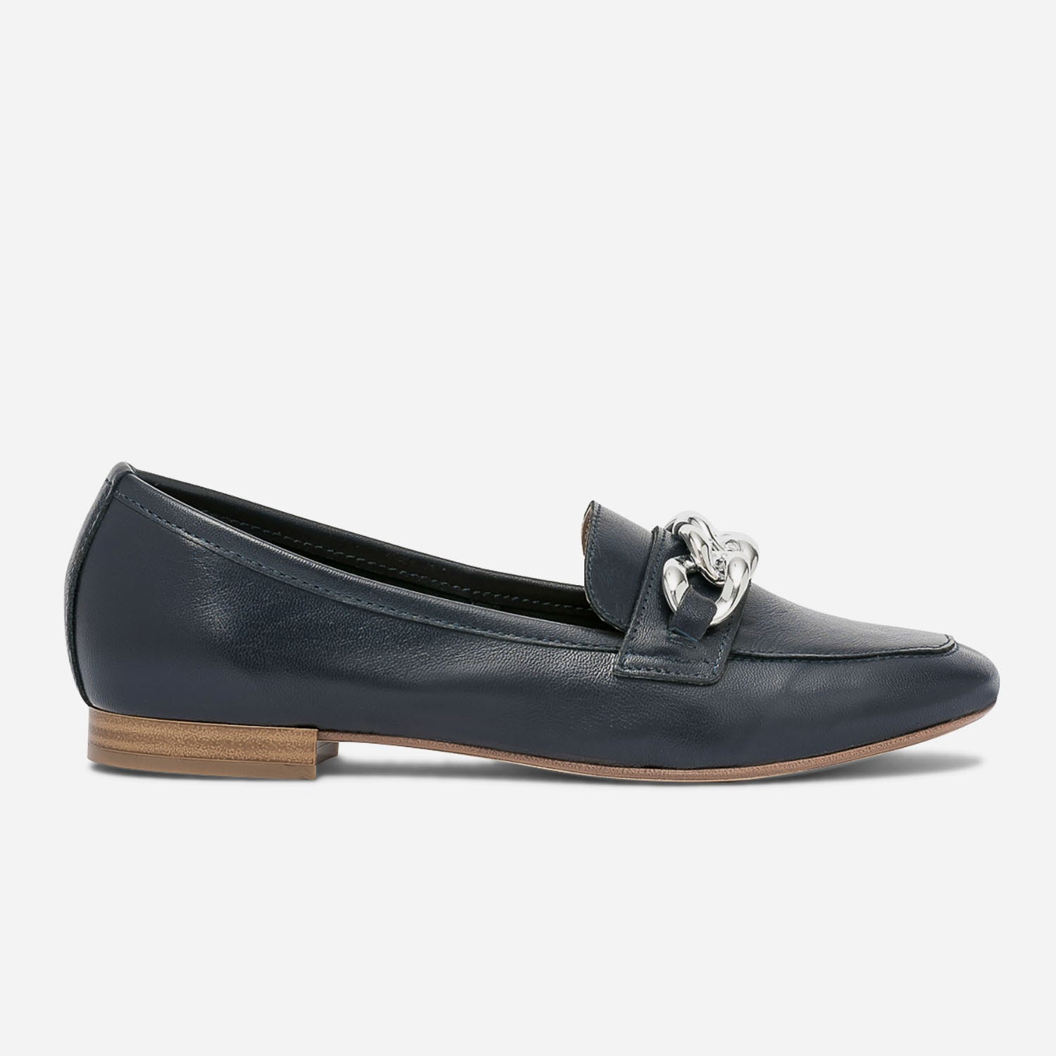 Mocassin marine cuir maxi chaîne argentée