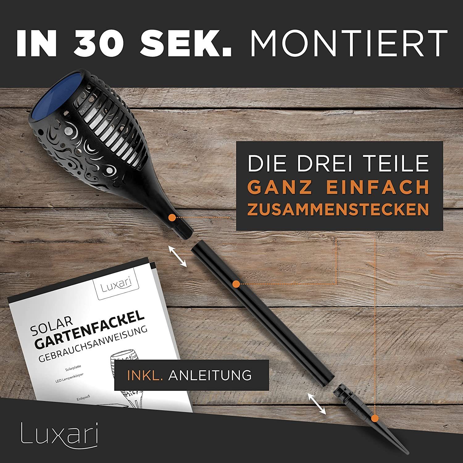 Luxari LED Gartenfackel Luxari Solar Gartenfackel − 4x Realistisches Flammenlicht