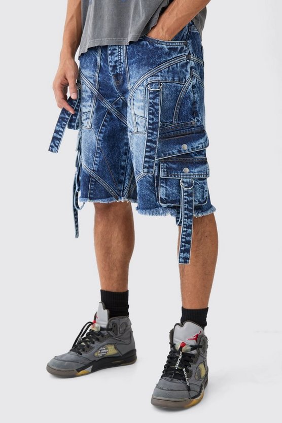 Lockere Indigo-Jorts mit Riemchen und Schnallen-Detail